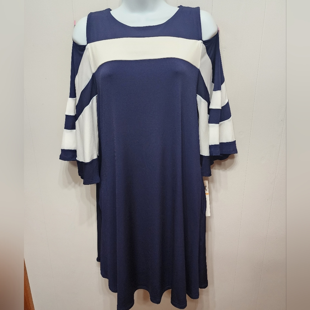 NWT Nina Leonard Dress Small Cold Shoulder Blue White Stripes 3/4 Sleeve B465